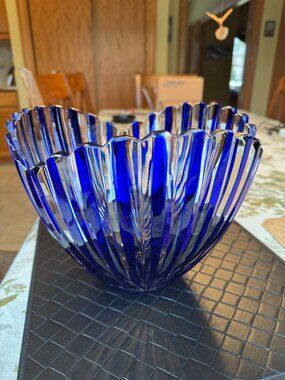 Shannon Crystal Cobalt Blue & Clear Striped Bowl 24% Lead Crystal